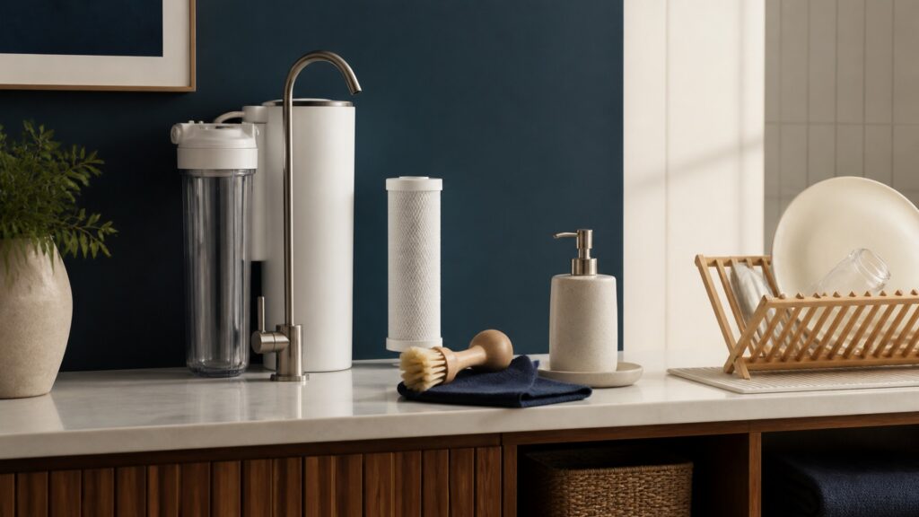 People-free editorial still life illustrating filter clean dry replace and verify routine