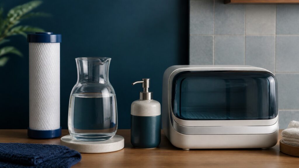 People-free editorial still life illustrating reducing water and surface contamination transfer