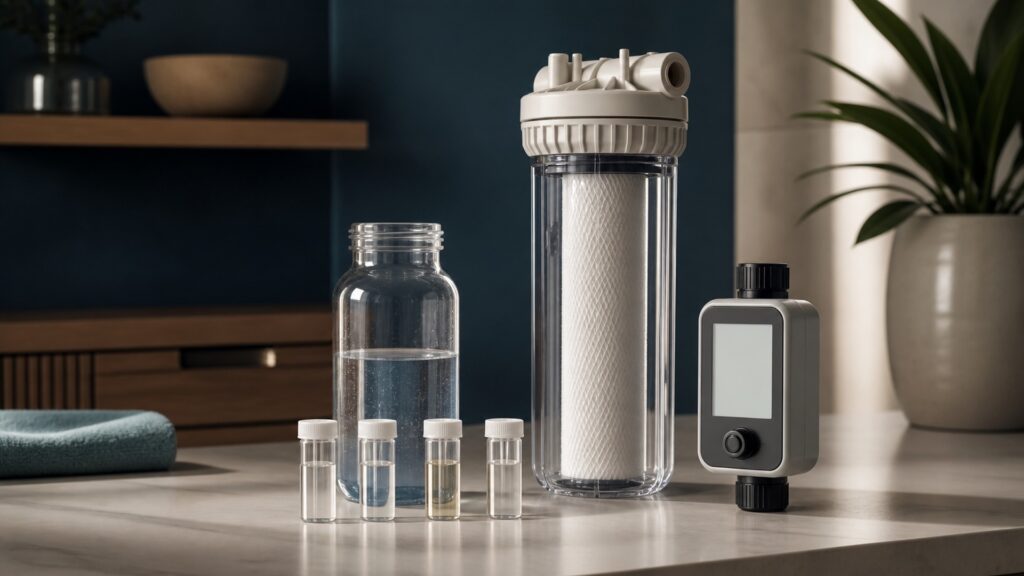 People-free editorial still life illustrating sampling flow capacity and contact-time checks