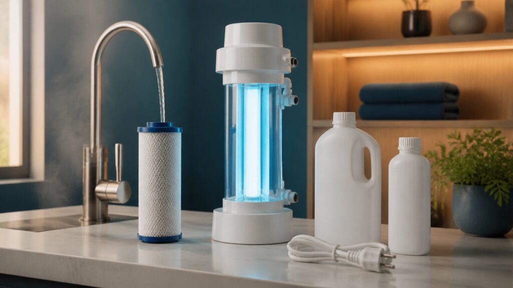 People-free editorial still life illustrating heat chemical cartridge and microbial safety