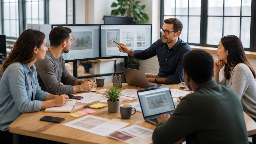 Editorial business scene illustrating web design services operating model