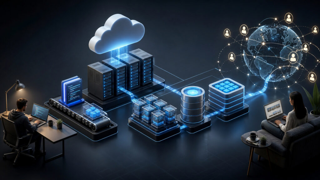 Editorial business scene illustrating web hosting services data flow