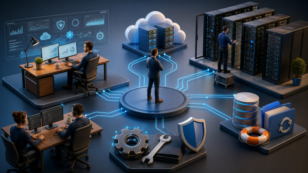 Editorial business scene illustrating web hosting services operating model