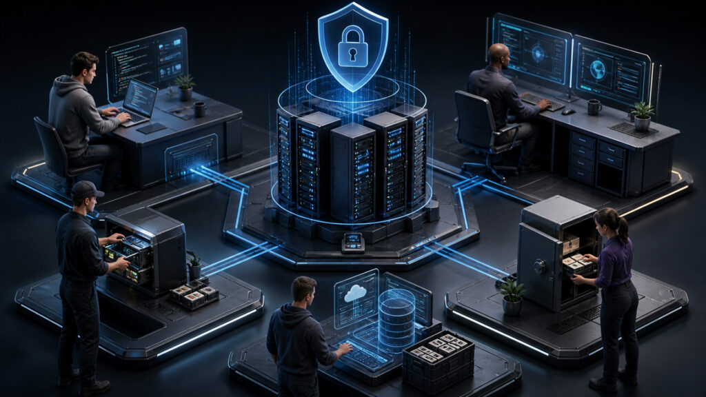 Editorial business scene illustrating web hosting services permission structure