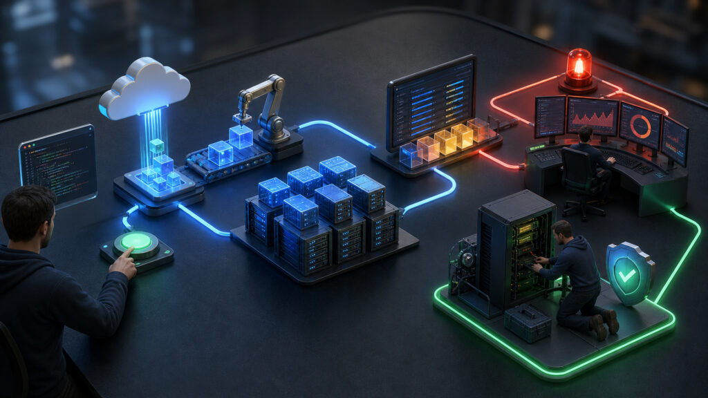 Editorial business scene illustrating web hosting services workflow role
