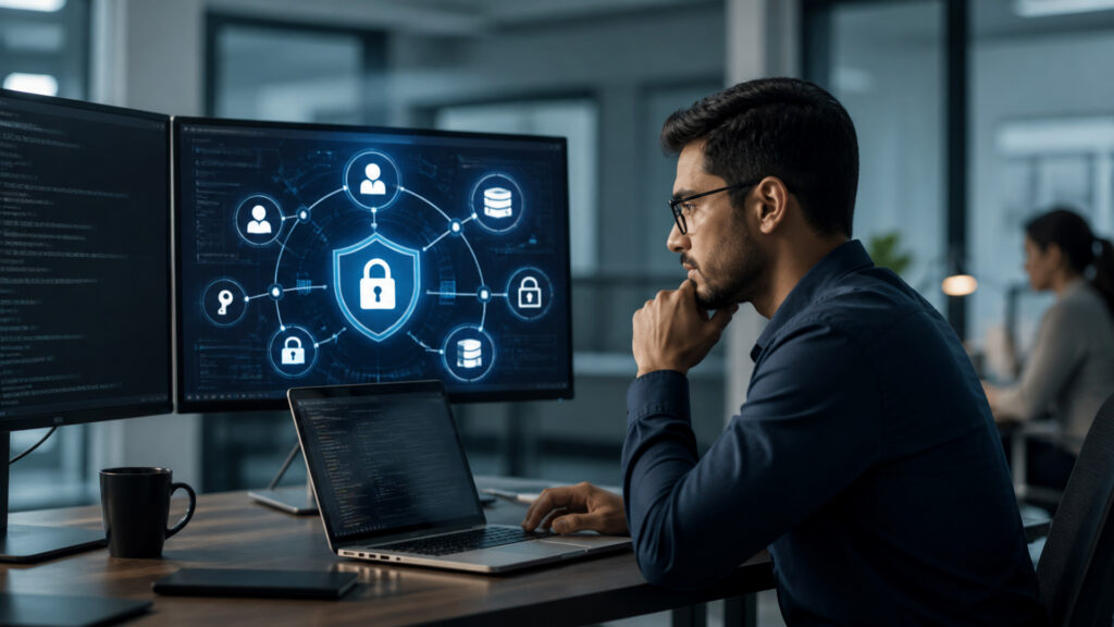 Editorial business scene illustrating website security