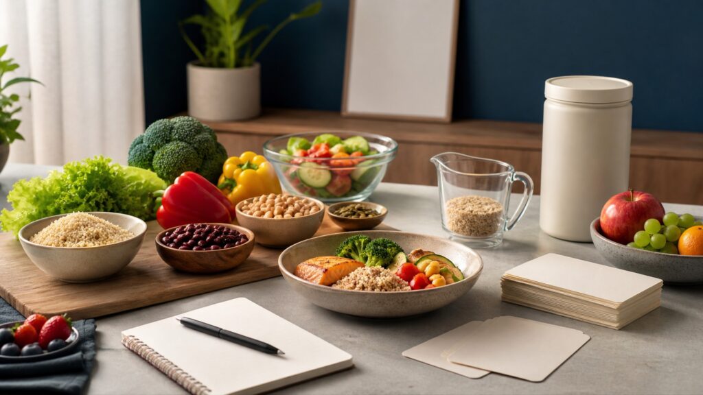 People-free editorial still life illustrating plan portion eat record review and adjust cycle