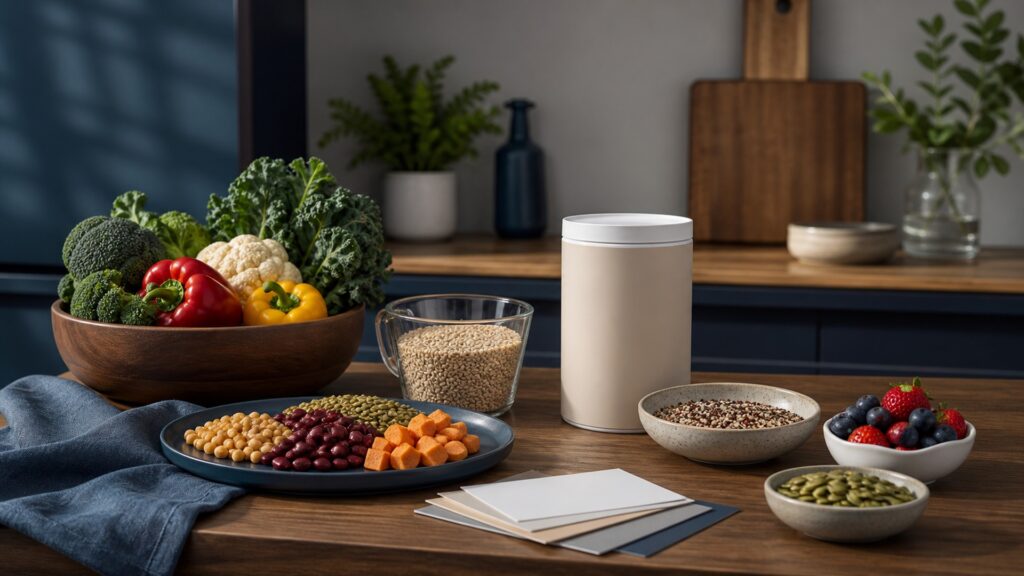 People-free editorial still life illustrating nutrient adequacy and appetite within an energy-aware eating pattern