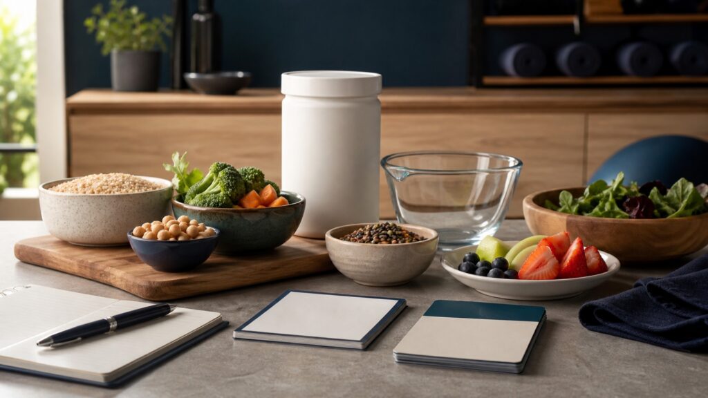 People-free editorial still life illustrating serving energy protein fiber hunger trend and adherence context