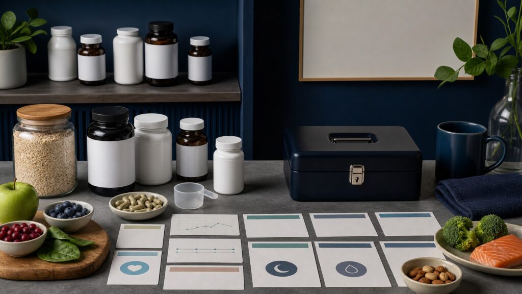People-free editorial still life illustrating ingredient amount caffeine diet activity sleep weight trend medicine pressure pulse adverse effect and cost
