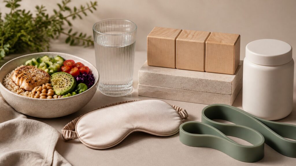 People-free editorial still life illustrating wellness support
