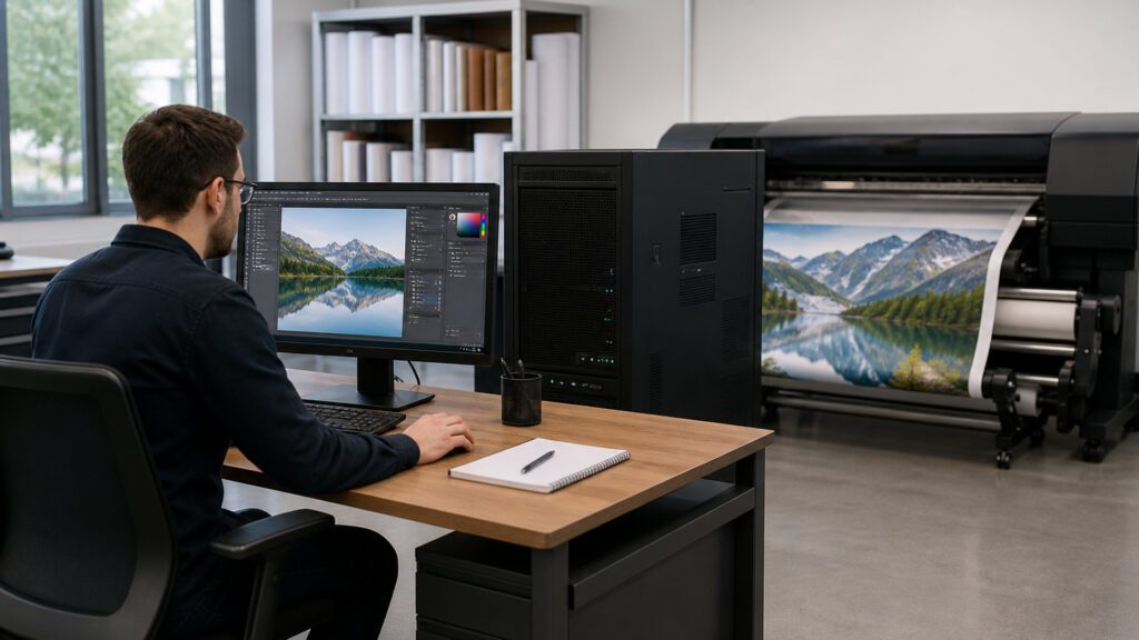 Editorial business scene illustrating wide format office printers data flow