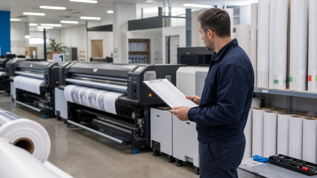 Editorial business scene illustrating wide format office printers operating model