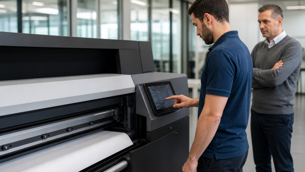 Editorial business scene illustrating wide format office printers permission structure