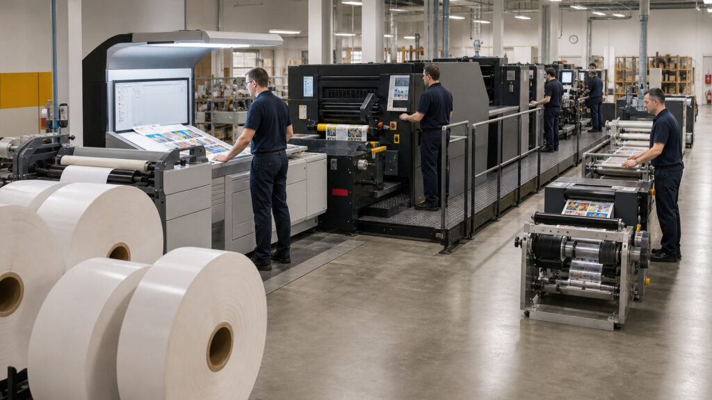 Editorial business scene illustrating wide format office printers workflow role
