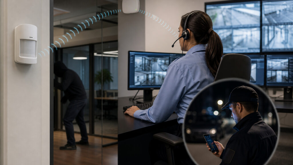 Editorial business scene illustrating wireless business alarm systems data flow