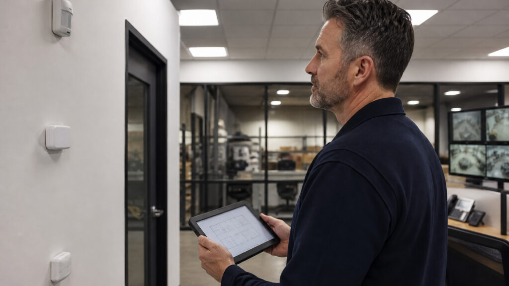 Editorial business scene illustrating wireless business alarm systems operating model