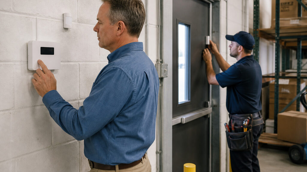 Editorial business scene illustrating wireless business alarm systems workflow role