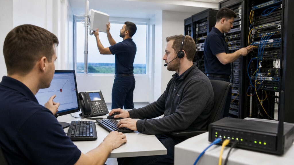 Editorial business scene illustrating wireless business internet workflow role