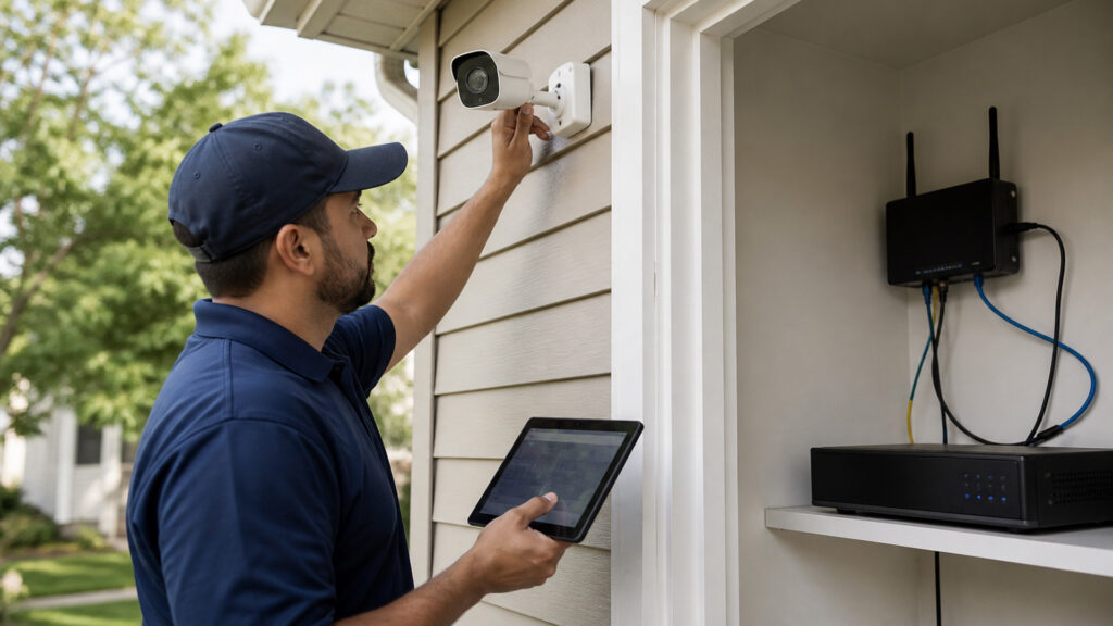 Editorial business scene illustrating wireless security camera systems data flow