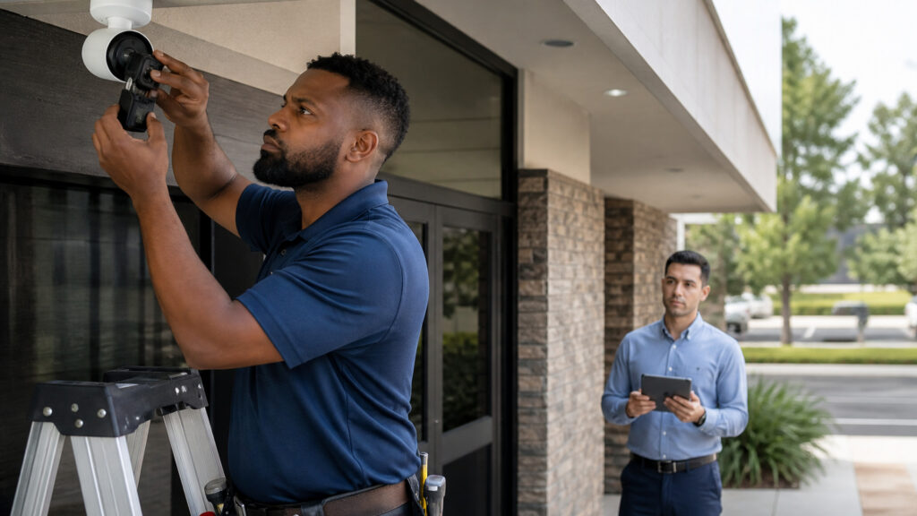 Editorial business scene illustrating wireless security camera systems operating model