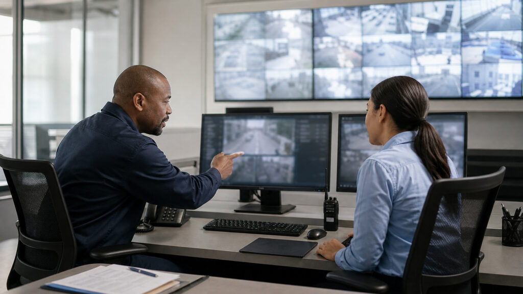Editorial business scene illustrating wireless security camera systems permission structure