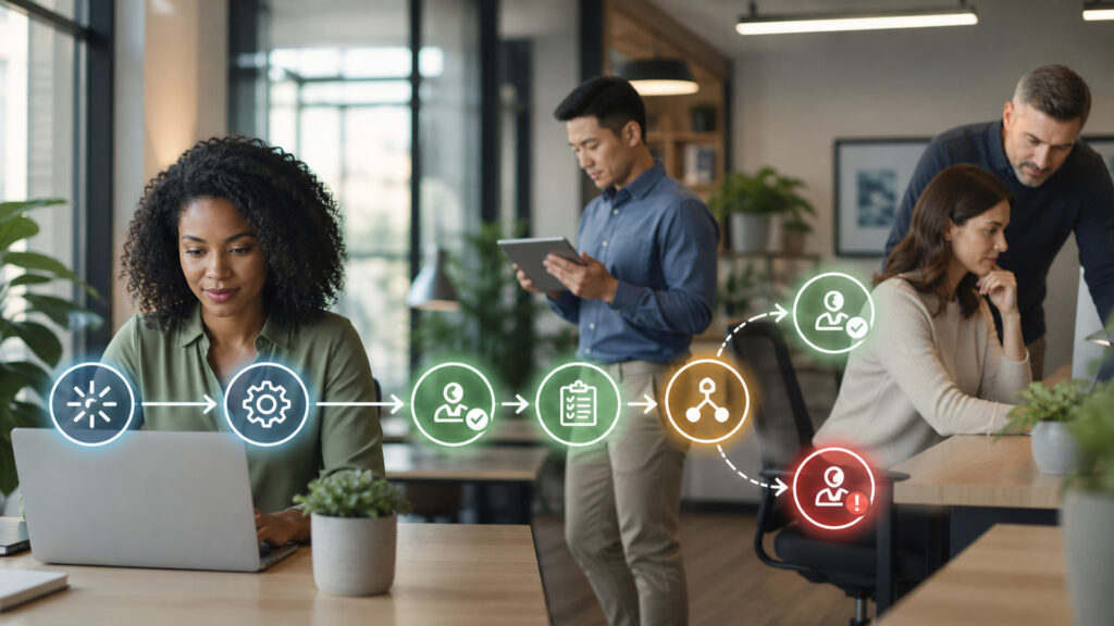 Editorial business scene illustrating workflow automation