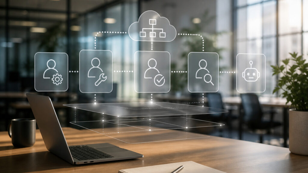 Editorial business scene illustrating workflow automation software permission structure