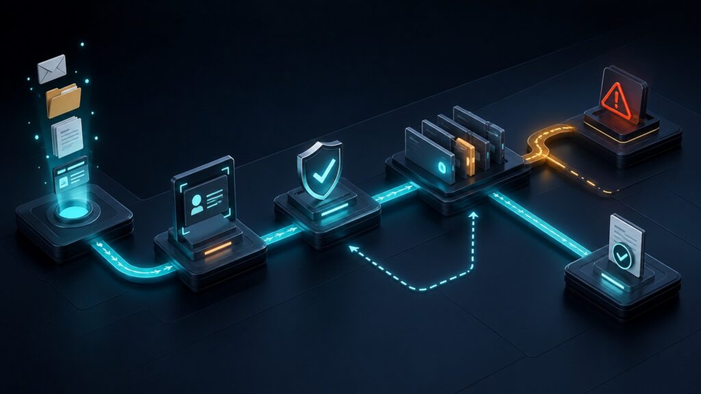 Editorial business scene illustrating workflow management systems data flow