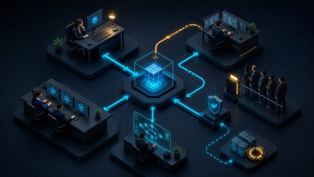 Editorial business scene illustrating workflow management systems operating model