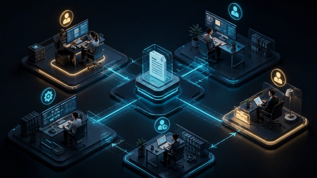 Editorial business scene illustrating workflow management systems permission structure