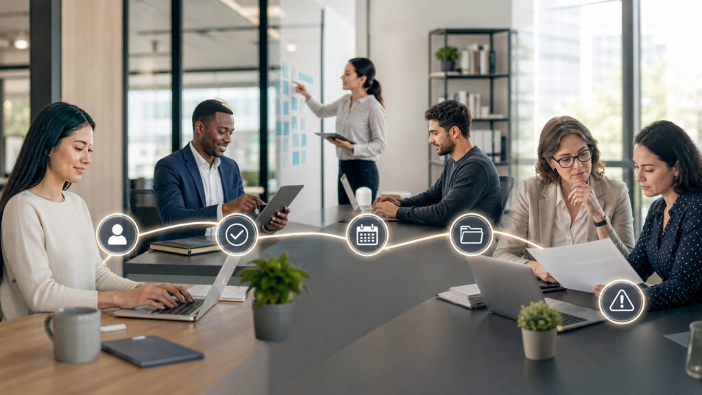 Editorial business scene illustrating workforce automation