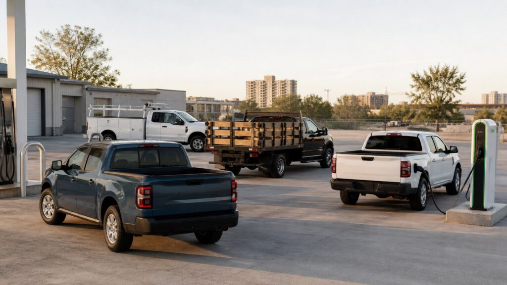 work trucks shopping setup for fuel, charging, and operating costs with practical vehicle-focused details