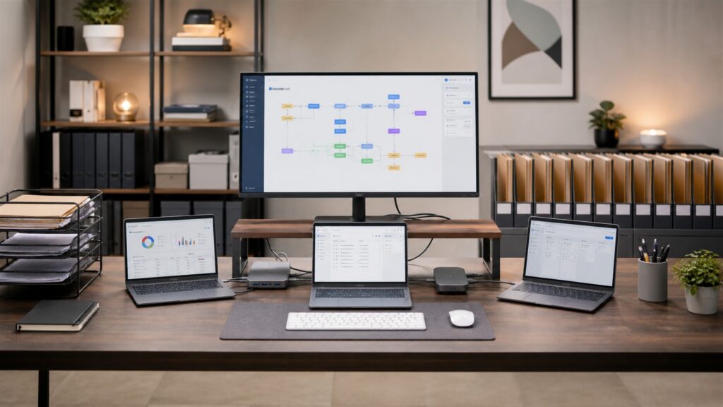 unbranded workflow automation desk with two blank monitors showing abstract connected nodes, router, process cards, and operations notebook for a growing teams buying decision
