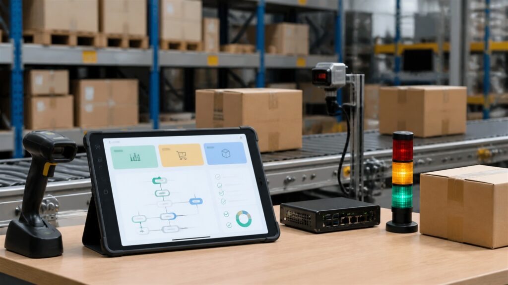 unbranded workflow automation desk with two blank monitors showing abstract connected nodes, router, process cards, and operations notebook for a inventory control buying decision