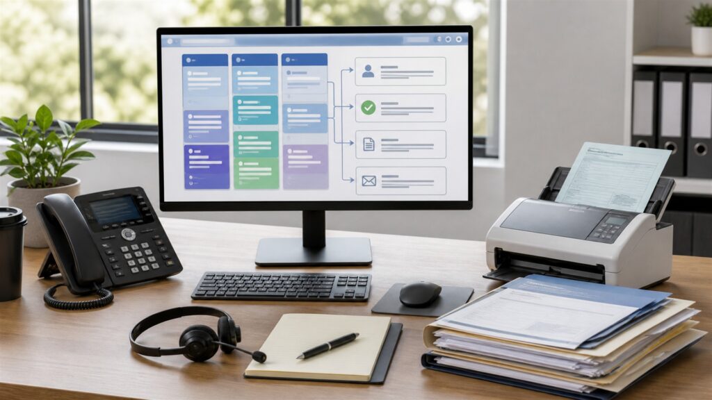 unbranded workflow automation desk with two blank monitors showing abstract connected nodes, router, process cards, and operations notebook for a sales teams buying decision