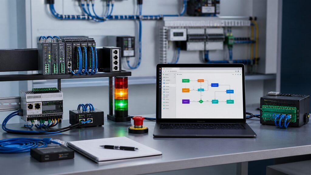 unbranded workflow automation desk with two blank monitors showing abstract connected nodes, router, process cards, and operations notebook for a workflow automation buying decision