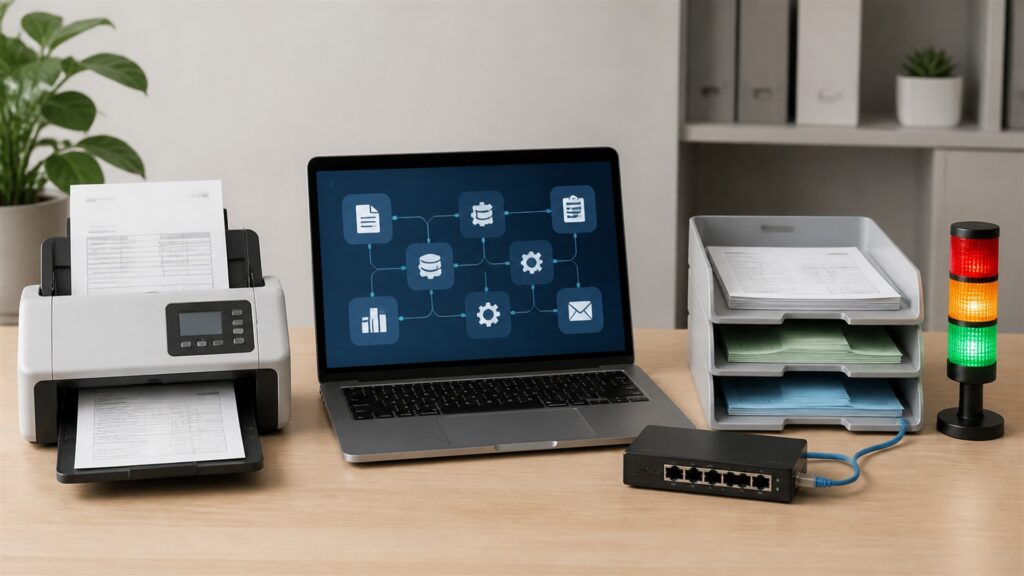 unbranded workflow automation desk with two blank monitors showing abstract connected nodes, router, process cards, and operations notebook for a general selection buying decision