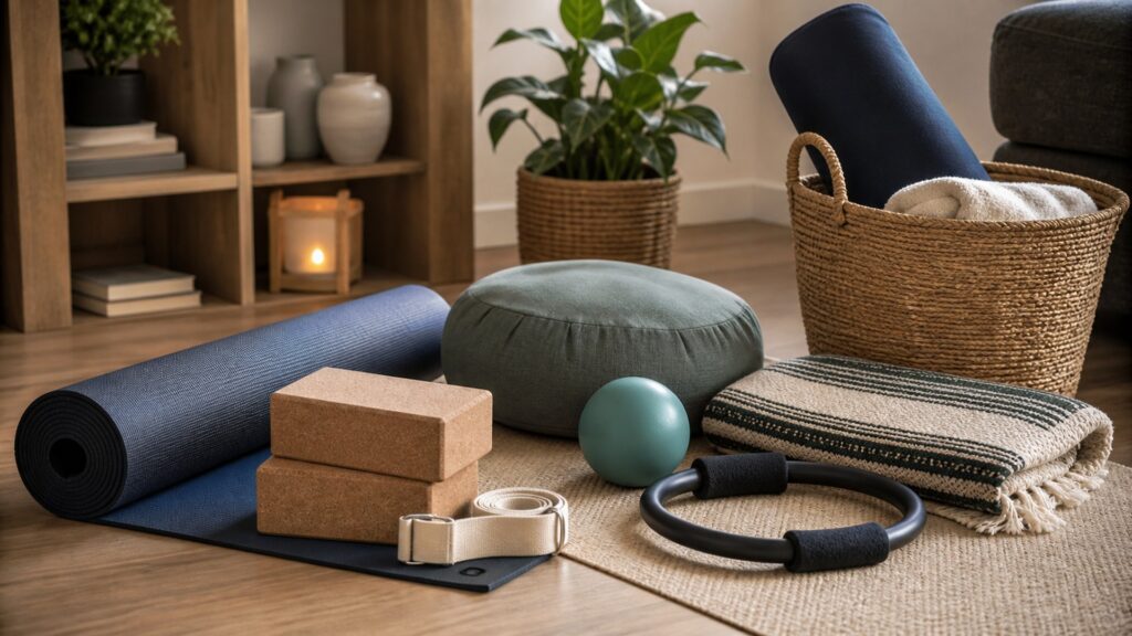 yoga and Pilates equipment for home practice arranged in a practical buyer guide scene