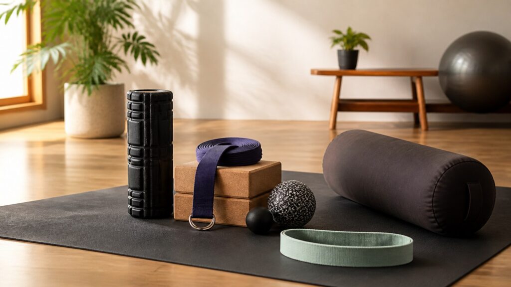 yoga and Pilates equipment for mobility training arranged in a practical buyer guide scene