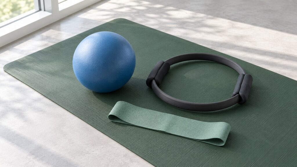 Unbranded yoga and Pilates core strength equipment on a green exercise mat