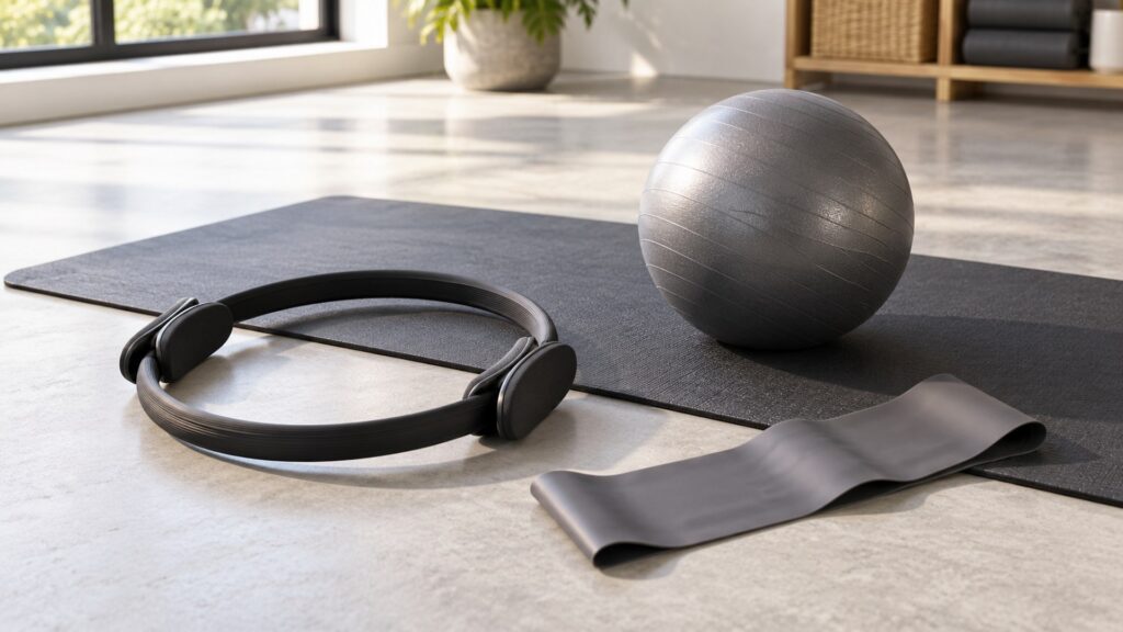 Pilates mat, magic circle, mini ball, and resistance band arranged on a studio floor