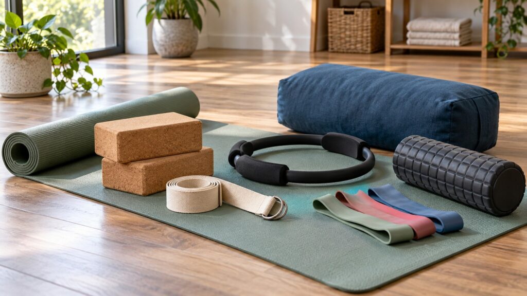 Yoga mat with blocks, strap, Pilates ring, bolster, bands, and foam roller arranged for flexibility training